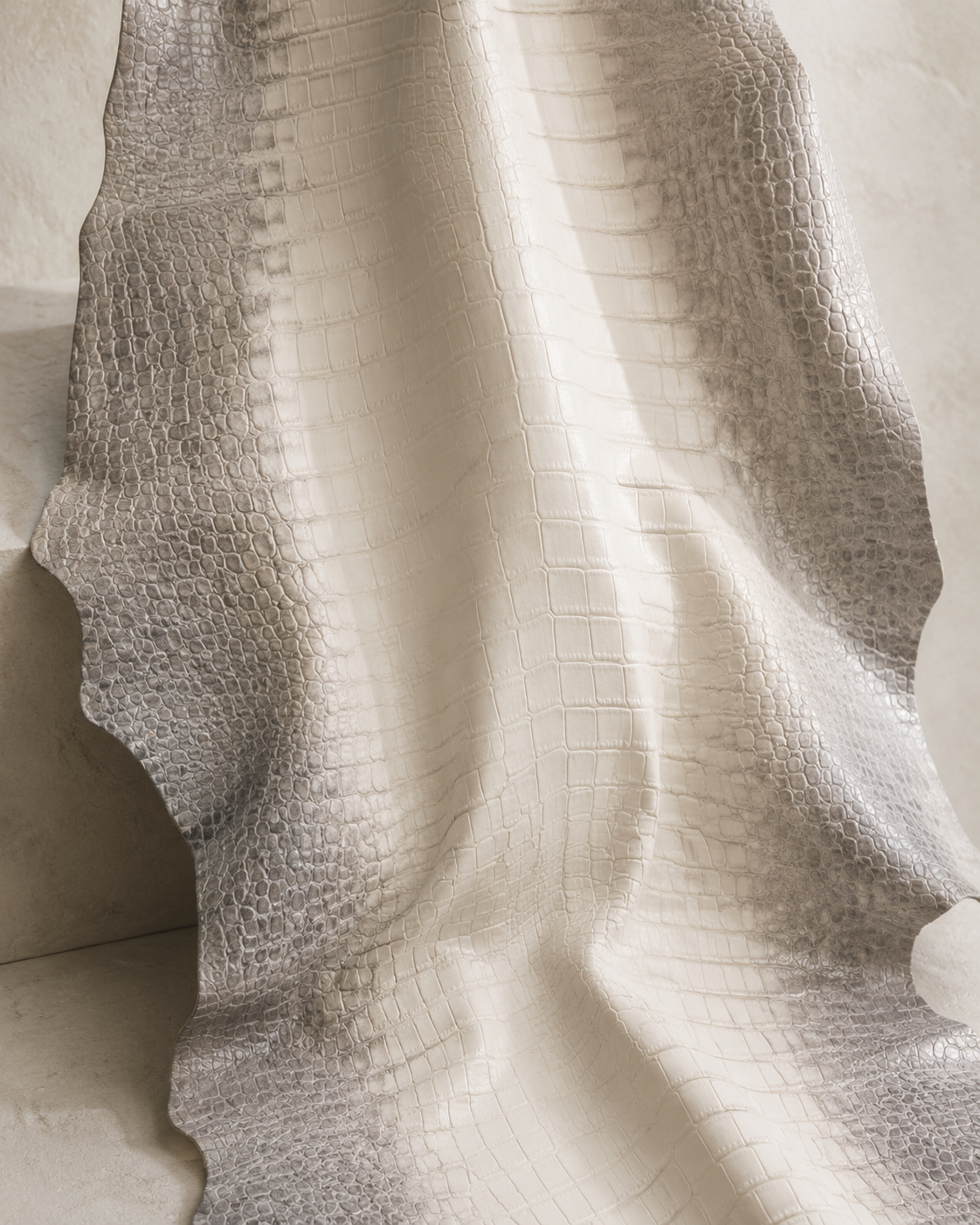 Himalayan crocodile leather material in pearl ivory and smoky taupe